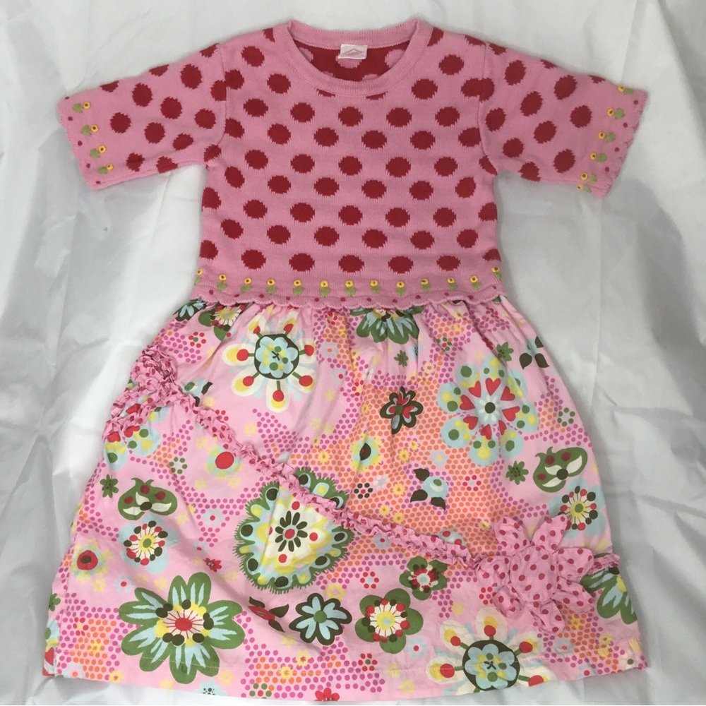 Oilily Boho Dress Dot Sweater Floral Ruffle 116 US 5-6 Cotton Embroidered Pink